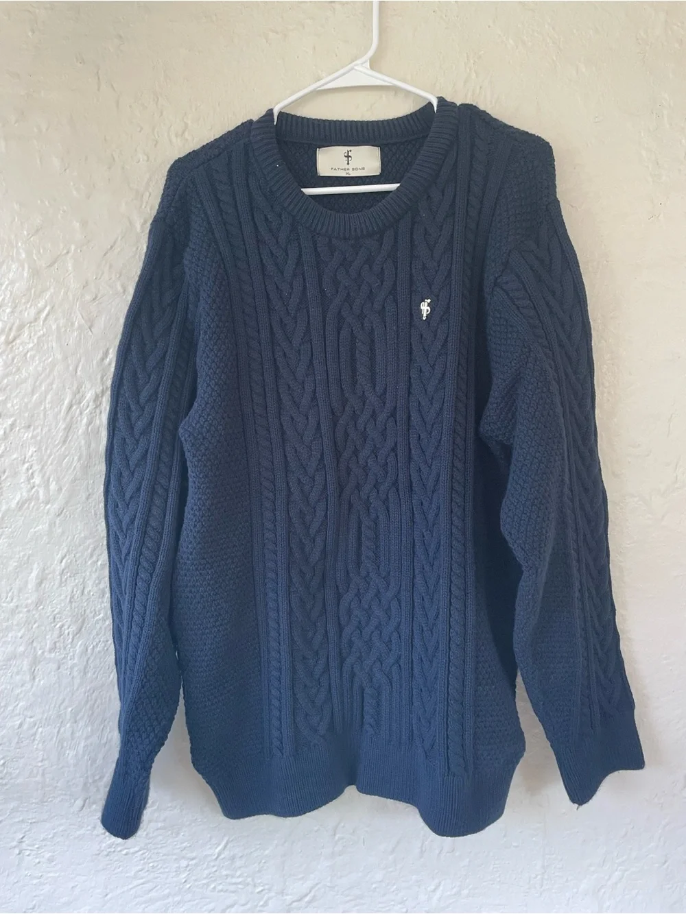 FATHERS & SONS NAVY TWISTED BRAID WEAVE HEAVY SWEATER GOLD  LOGO FSJ036; size XL